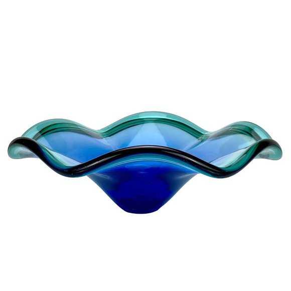 Mid-Century Italian Murano Turquoise Blue Green Art Glass Ruffled Bowl Italian